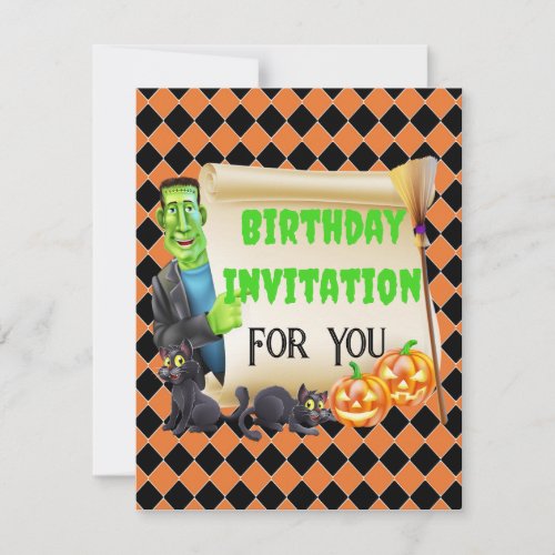 Halloween Kids Name Frankenstein Birthday Custom Invitation