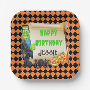 Halloween Kids Name Frankenstein Birthday Custom Paper Plates