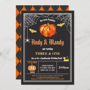 Halloween kids siblings birthday party black gold invitation