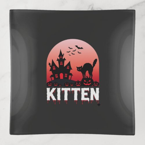 Halloween Kitten Haunted House Cat Design_1 Trinket Tray