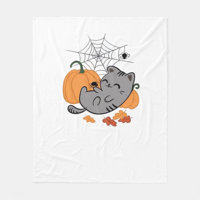 Halloween Kitty and Spiders Classic T-Shirt Fleece Blanket (Front)