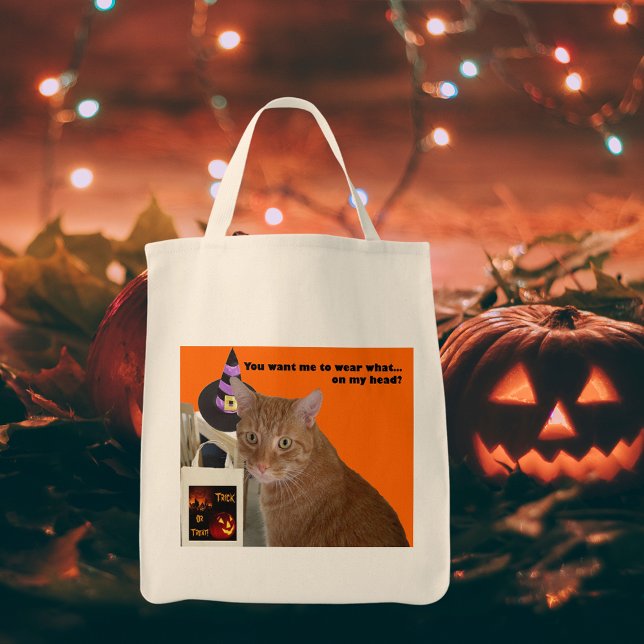 Halloween Kitty Ornage Cat Funny Quote Treaters Tote Bag (Halloween Kitty - Wear What Tote Bag)