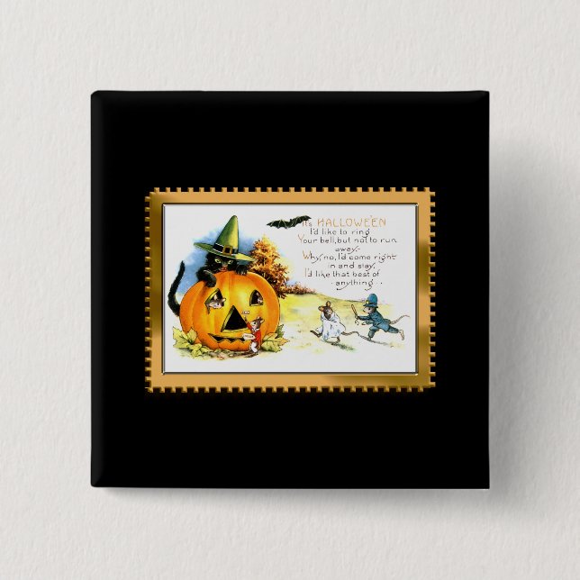 Halloween Kitty Sitting in Jack O Lantern Button (Front)