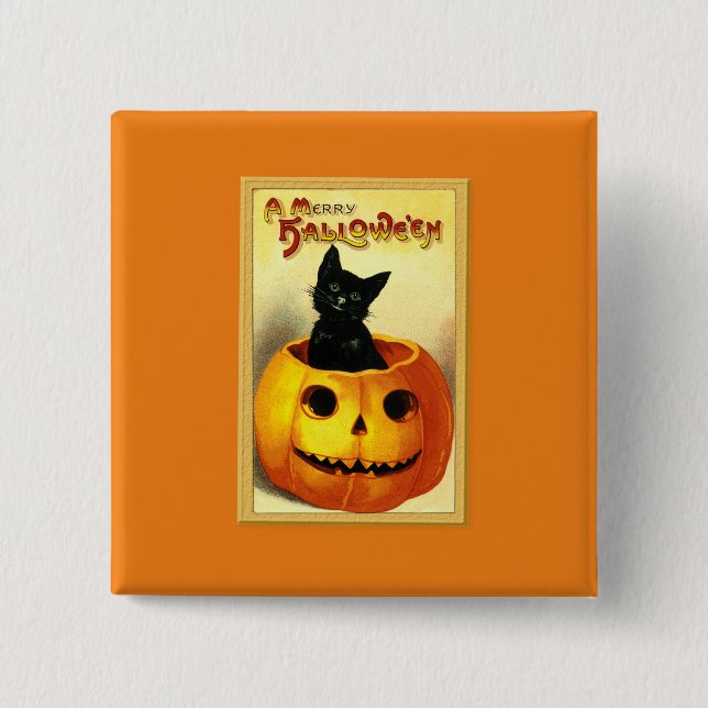 Halloween Kitty Sitting in Jack O Lantern Button (Front)