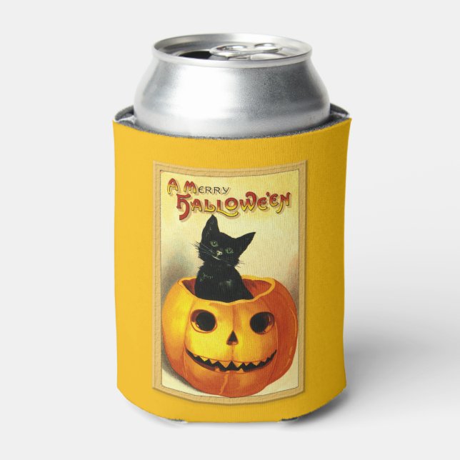 Halloween Kitty Sitting in Jack O Lantern Can Cool Cooler (Can Front)