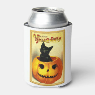 Halloween Kitty Sitting in Jack O Lantern Can Cooler