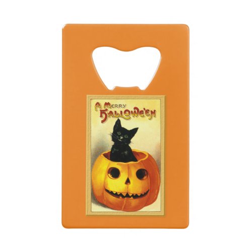 Halloween Kitty Sitting in Jack O Lantern Credit Card Bottle Opener