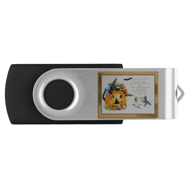 Halloween Kitty Sitting in Jack O Lantern Flash Drive (Front)