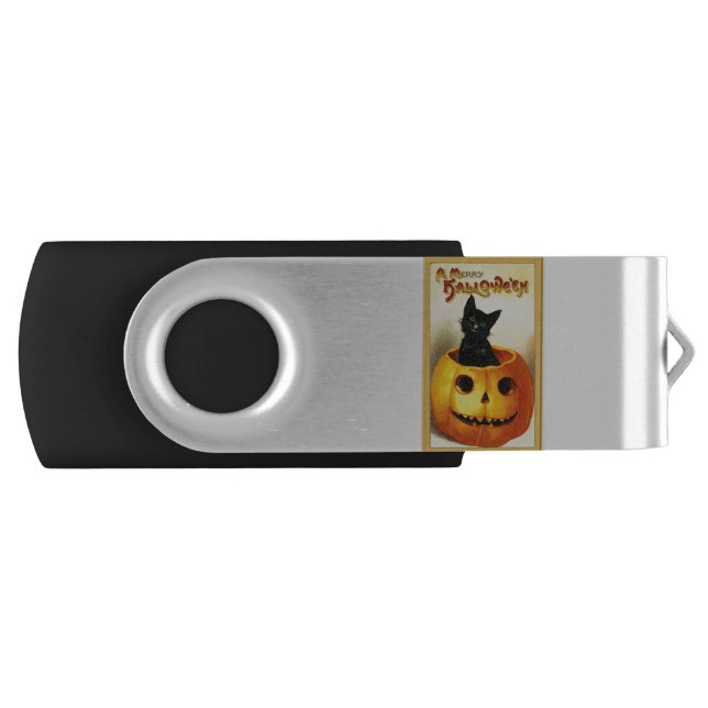 Halloween Kitty Sitting in Jack O Lantern Flash Drive (Front)