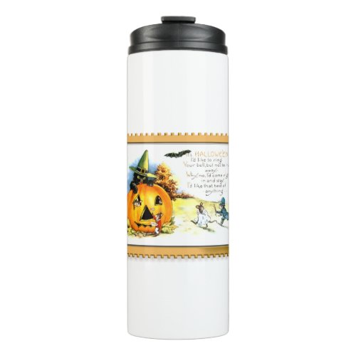 Halloween Kitty Sitting in Jack O Lantern Thermal Tumbler