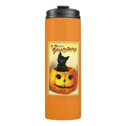 Halloween Kitty Sitting in Jack O Lantern Thermal Tumbler