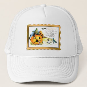 Halloween Kitty Sitting in Jack O Lantern Trucker Hat