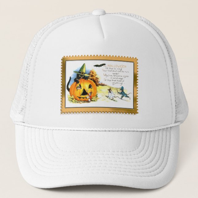 Halloween Kitty Sitting in Jack O Lantern Trucker Hat (Front)