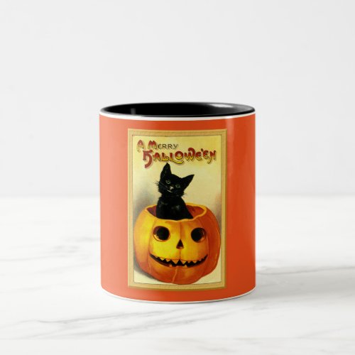 Halloween Kitty Sitting in Jack O Lantern Two_Tone Coffee Mug