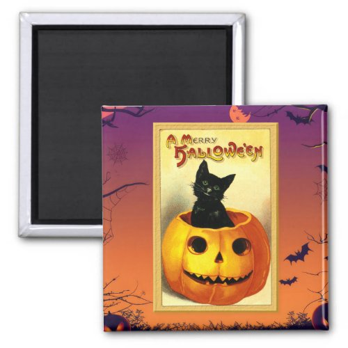 Halloween Kitty Sitting in Jack_O_Lantern Vintage Magnet