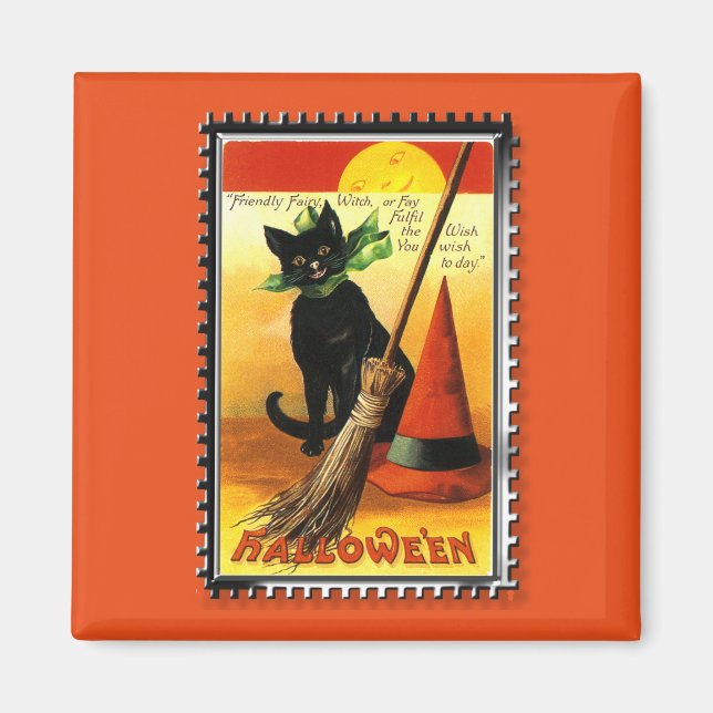 Halloween Kitty Sitting Witches Hat Magnet (Front)
