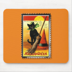 Halloween Kitty Sitting Witches Hat Mouse Pad