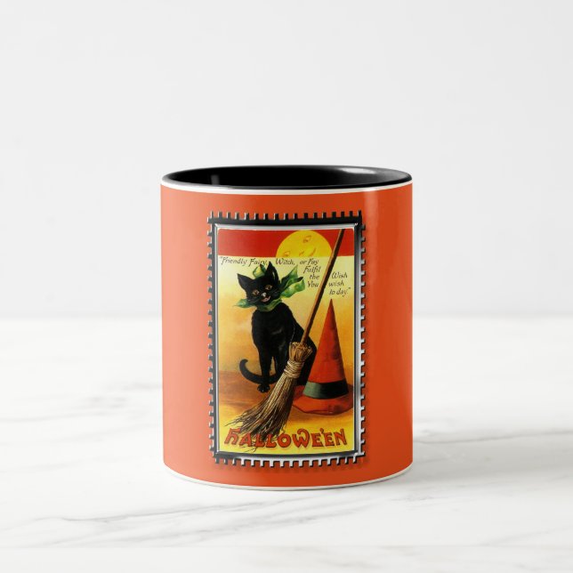 Halloween Kitty Sitting Witches Hat Two-Tone Coffee Mug (Center)