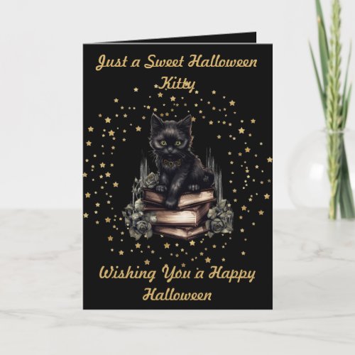 Halloween Kitty with Faux Gold Stars  Books Card