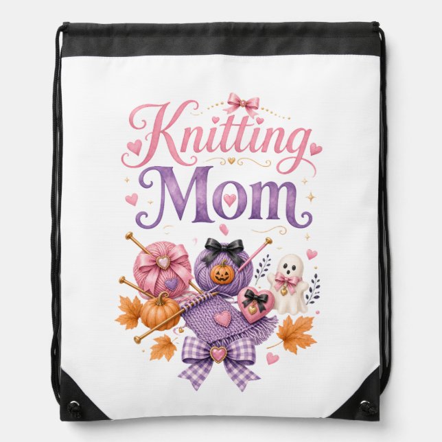 Halloween Knitting Mom - Drawstring Backpack (Front)