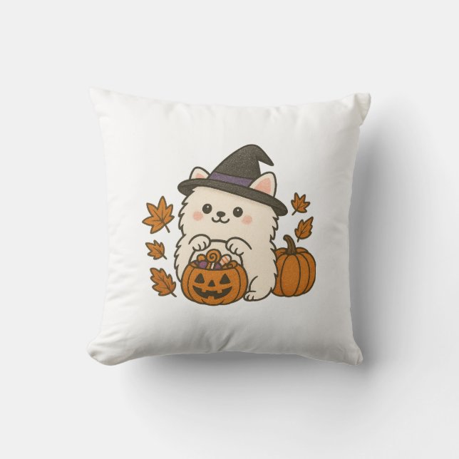 Halloween Kussen — Pomeranian with Heksenhoed Throw Pillow (Front)