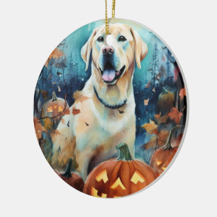 Halloween Labrador With Pumpkins Scary Ceramic Ornament