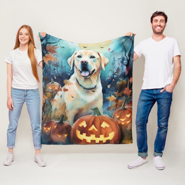 Halloween Labrador With Pumpkins Scary Fleece Blanket (In Situ)