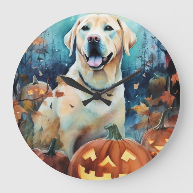 Halloween Labrador With Pumpkins Scary Large Clock (Front)