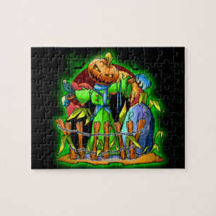 Halloween Lady Scarecrow Pumpkin Head RIP Bat Jigsaw Puzzle