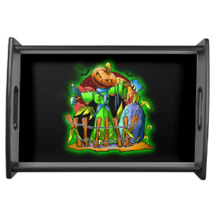 Halloween Lady Scarecrow Pumpkin Head RIP Bats Serving Tray