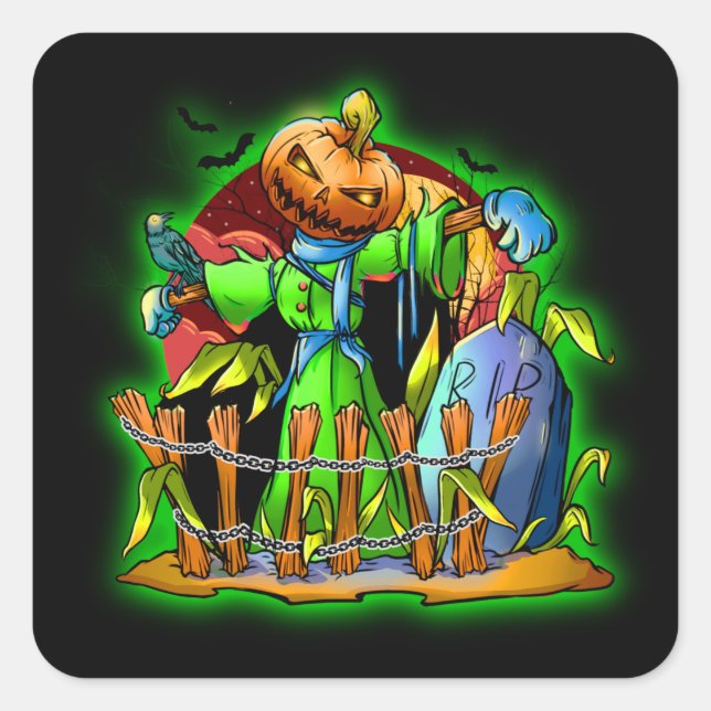 Halloween Lady Scarecrow Pumpkin Head RIP Bats Square Sticker (Front)