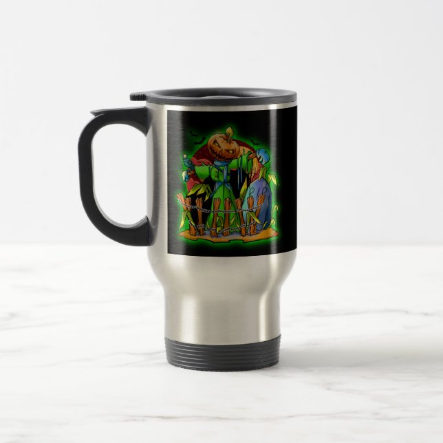 Halloween Lady Scarecrow Pumpkin Head RIP Bats Travel Mug (Left)