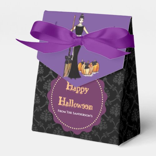 Halloween Lady Witch with Black Long Dress Purple Favor Boxes