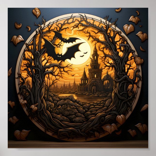 Halloween Landscape In The Forest With Black Bats Poster (Front)