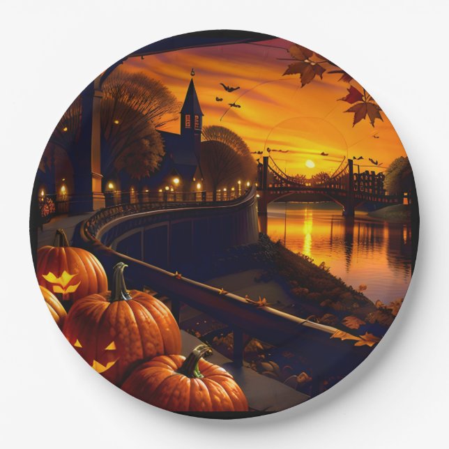 Halloween Landscape Two Paper Plates (Front)