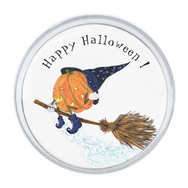 Halloween Lapel Pins Witch Pumpkin Silver Finish Lapel Pin (Front)