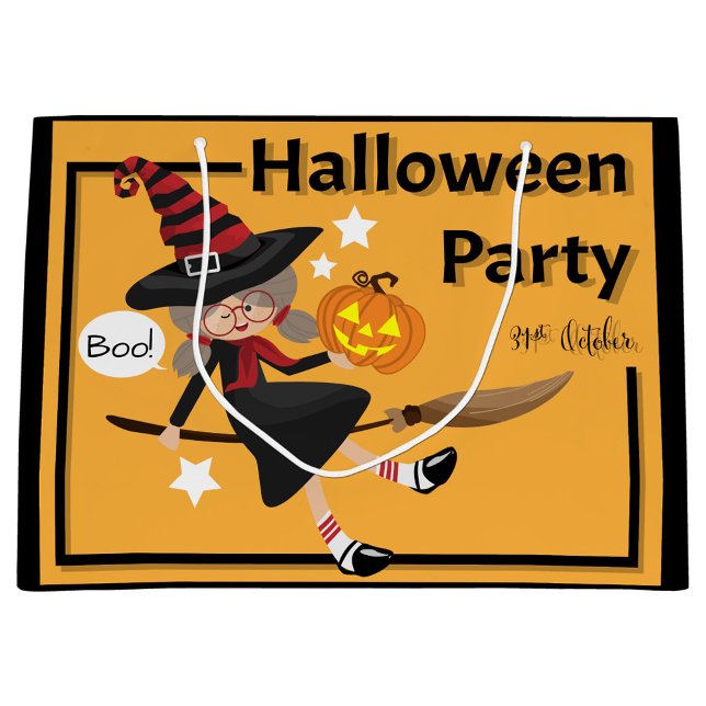 Halloween Large Gift Bag (Illustration of a Halloween Party bag, featuring a cartoon witch riding a broomstick.)