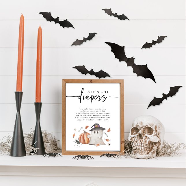 Halloween Late Night Diapers Poster (Halloween Late Night Diapers Game Sign A Little Boo Is Almost Due Ghost Pumpkin Baby Shower)