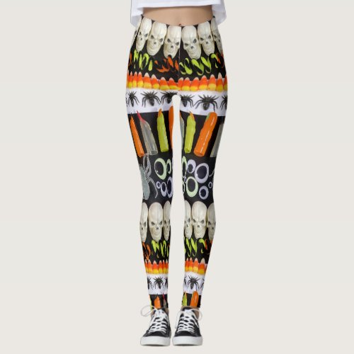 Halloween Leggings _ Stripes of Skulls Spiders