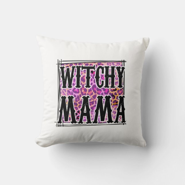 Halloween Leopard Witchy Mama Birthday Throw Pillow (Front)