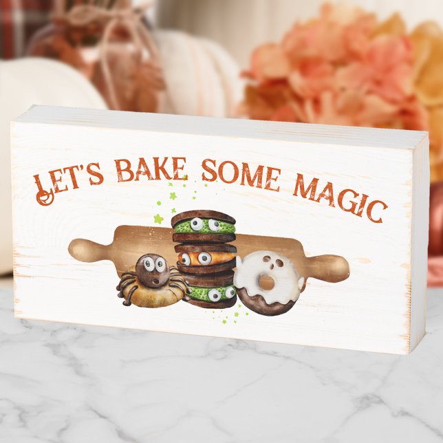 Halloween Let's Bake Some Magic Kitchen Wooden Box Sign (Cute Kitchen Halloween Sign With Funny Spooky Sweets)