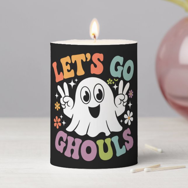Halloween Let's Go Ghouls Ghost Retro Costume Pillar Candle (In Situ)