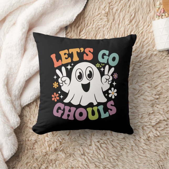 Halloween Let's Go Ghouls Ghost Retro Costume Throw Pillow (Blanket)