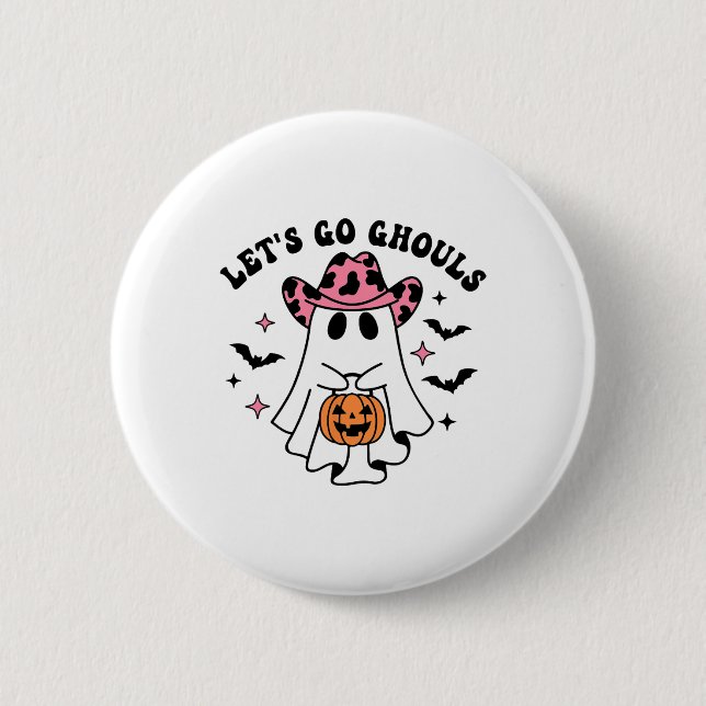 Halloween Let's Go Ghouls Ghost Retro Costume Wome Button (Front)