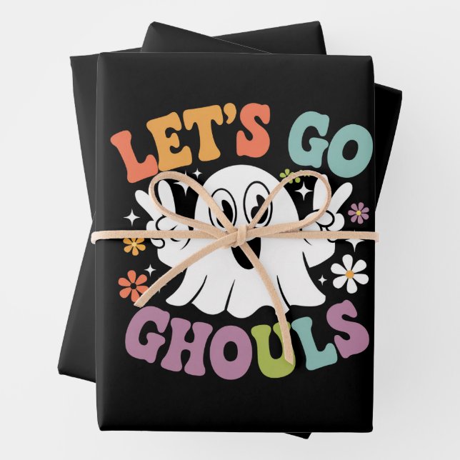 Halloween Let's Go Ghouls Ghost Retro Costume Wrapping Paper Sheets (In situ)