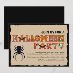 Halloween Lettering Hanging Spider Halloween Invitation