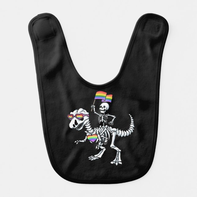 Halloween LGBT T Rex Dinosaur Skeleton Gay Pride Baby Bib (Front)