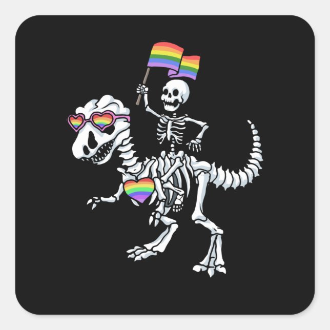 Halloween LGBT T Rex Dinosaur Skeleton Gay Pride Square Sticker (Front)