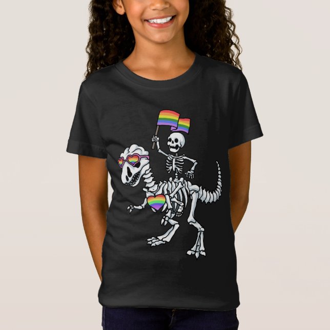 Halloween LGBT T Rex Dinosaur Skeleton Gay Pride T-Shirt (Front)