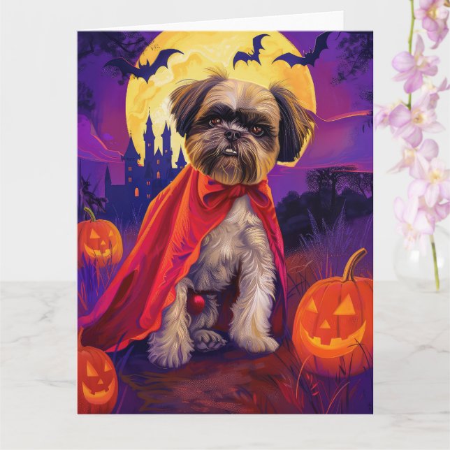 Halloween Lhasa Apso Vampire Pumpkins Scary Card (Orchid)